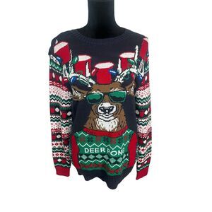 UGLY CHRISTMAS SWEATER MENS “DEER PONG” HOLDAY PARTY SWEATER